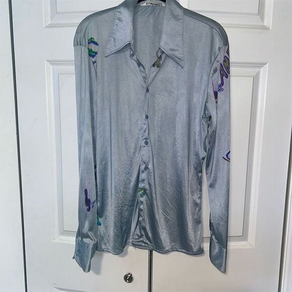 Vintage 70s Nik Nik Men's Silver Satin Button-Up Shirt M Long Sleeve Retro - Picture 1 of 7